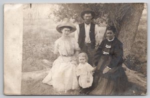 RPPC Edwardian Family Outdoor Rustic Photo Child Woman In Polka-dot Postcard C41