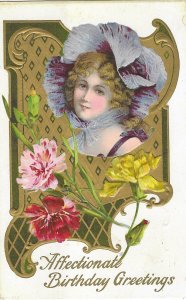 Affectionate Birthday Greetings Carnations and a Beautiful Lady Embossed