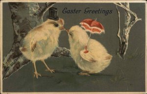 Easter Fantasy Boy and Girl Chicks Top Hat and Parasol Romance c1910 Postcard 