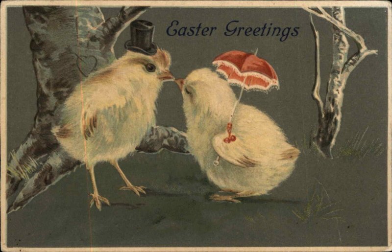 Easter Fantasy Boy and Girl Chicks Top Hat and Parasol Romance c1910 Postcard