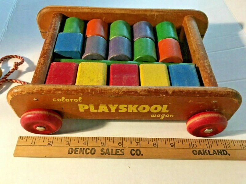 Original Vintage Colorol Playskool Wagon Wood 18 Pieces Building Toys SKU080-047