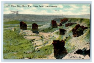 1910 Train in Distance, Castle Buttes, Green River Wyoming WY Postcard