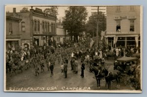 CANTON PA 29th INFANTRY ANTIQUE REAL PHOTO POSTCARD RPPC US FLAGS DRUG STORE