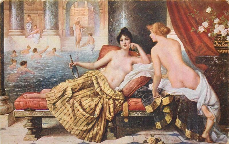 Vintage art postcard nude in painting C. Schweninger - Intimate ladies