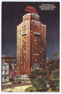 Night View of Harrisburger Hotel Harrisburg Pennsylvania PA Building Postcard