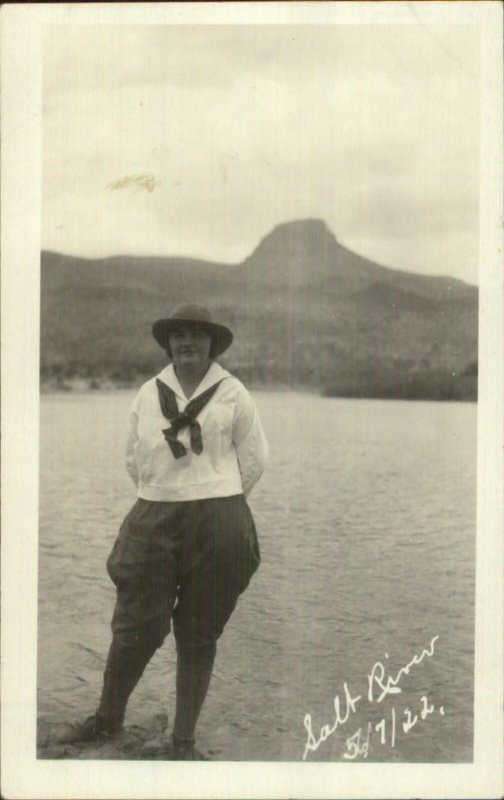 Young Woman Kerchief & Hat Girl Scout? Salt River 1922 Real Photo Postcard