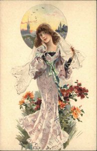 Art Nouveau Beautiful Woman Dress Flowers Phoscao Adv c1910 Postcard