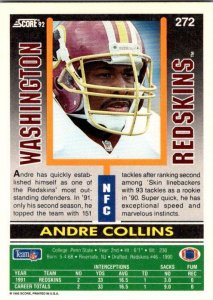 1992 Score Football Card Andre Collins Washington Redskins sk21458
