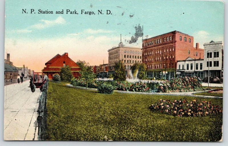 Fargo North Dakota~NP Northern Pacific Railroad Station~Depot Park~Stores~1914