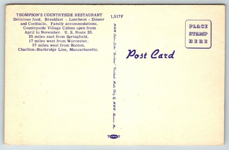 Charlton  Massachusetts   Thompson's Countryside Restaurant    Postcard