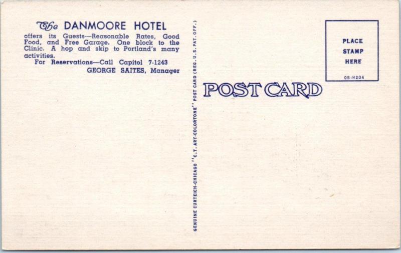 PORTLAND, Oregon  OR    Roadside  HOTEL DANMOORE c1940s Cars   Postcard