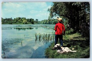 1969 Sydenham Ontario Canada Vintage Postcard Man Fishing Lake River Posted