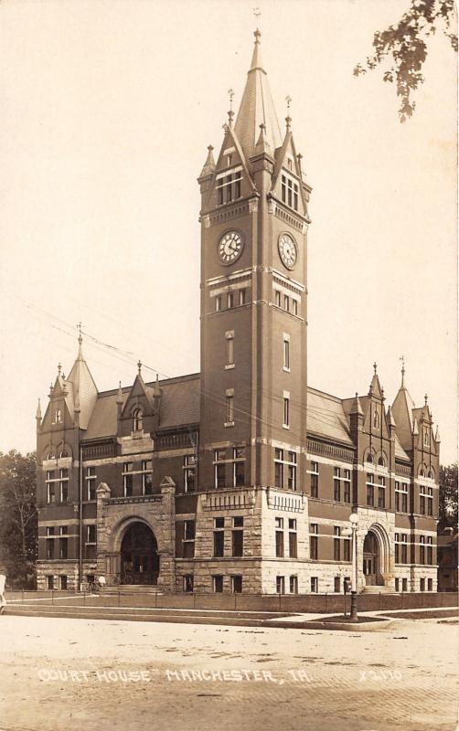 Manchester Iowa~Court House~Beautiful Clock Tower~Bicycles @ Entrance~c1910 RPPC