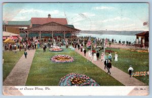 1907 SCENE AT OCEAN VIEW VIRGINIA VA PAVILION AMERICAN FLAGS ANTIQUE POSTCARD