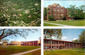 4~Postcards IL, Illinois AURORA COLLEGE Aerial~Stephens & Memorial Halls~Library