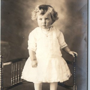 1910s Adorable Baby Girl RPPC Stand Chair Innocent Cute Portrait Real Photo A129