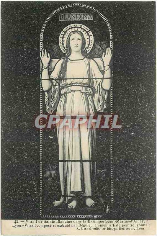 Old Postcard Stained glass window of St. Blandine in the Basilica Saint Marti...