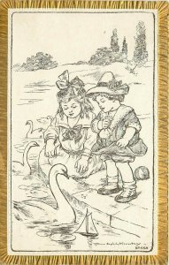 Embossed Postcard Beautiful Children feed Swans A/S Florence E. Nosworthy, Owen