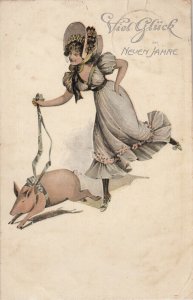 New Year luck greetings drawn woman and piglet 1905 fantasy Germany