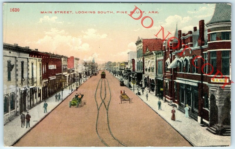 1910s Pine Bluff, Ark. Main St. Postcard Birds-Eye Downtown Street Trolley A24