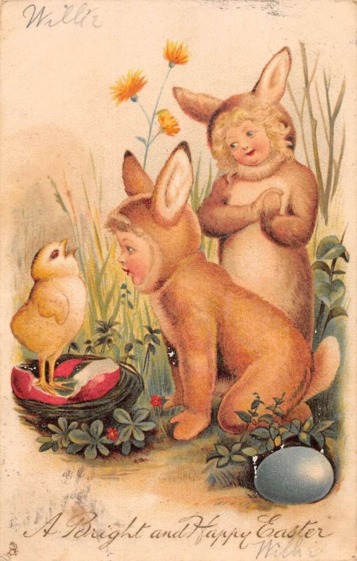 Easter Greetings Children dressed as Rabbits with Chick Tuck Postcard AA50448 