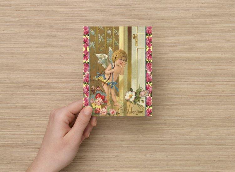 Set of 6 Handmade Valentine Postcards, Victorian Cupid with Pink Country Rose