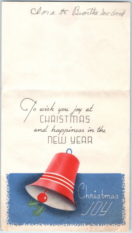 c1930s Bells Christmas Joy Fold Open Paper Greetings Card New Year USA Vtg 5A