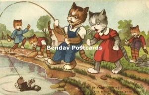 Dressed Cats, Fisherman catches a Boot, Fishing Angling (1950s)