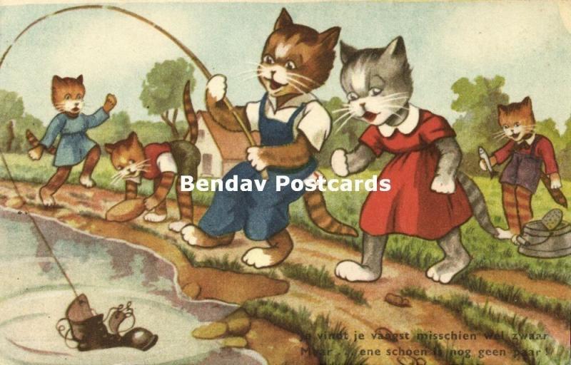 Dressed Cats, Fisherman catches a Boot, Fishing Angling (1950s)