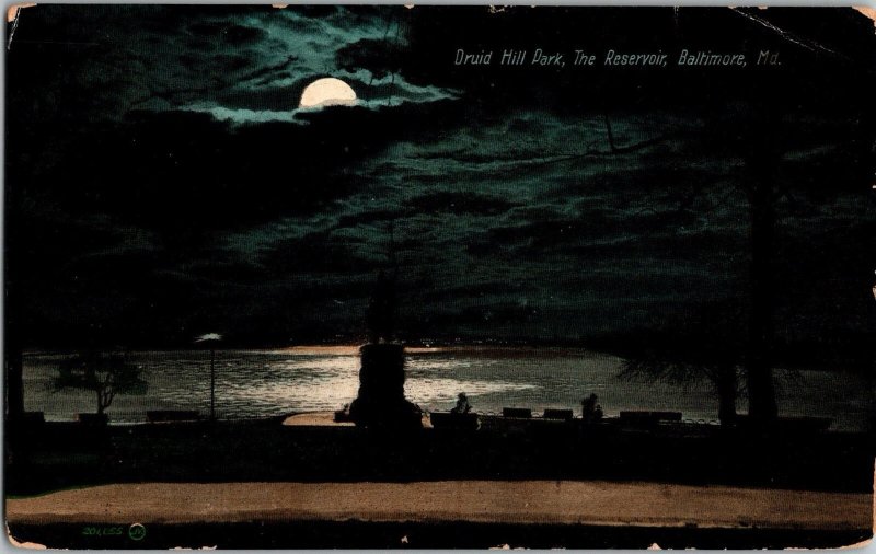 Druid Hill Dark, The Reseryoir, Baltimore, Maryland Postcard Night Moonlight KH9