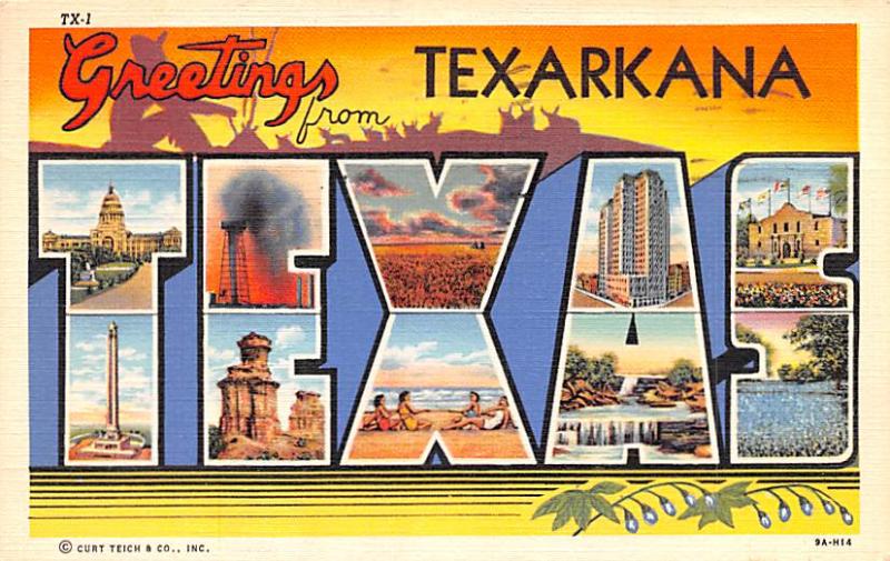 Post Card Old Vintage Antique Greetings from Texarkana Texas, USA Unused