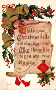 Christmas Wishes With Gold Bells and Holly 1910