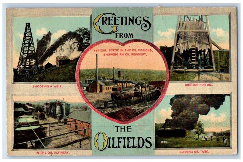 1914 Greetings From The Oilfields Showing An Oil Refinery Bradford PA Postcard 