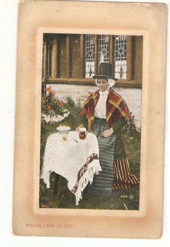 Welsh lady at tea Nice old vintage English postcard