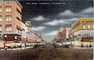 CA, Bakersfield 19TH STREET SCENE~NIGHT  Kirby's~Leeds~Strauss Jewelers Postcard