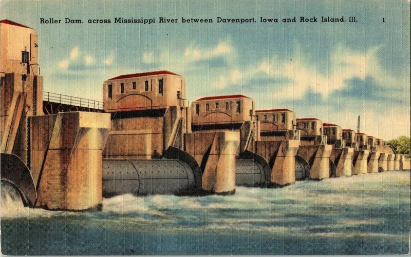Roller Dam Mississippi River Davenport Iowa Rock Island Illinois Linen Postcard 