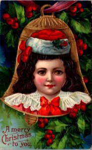 Merry Christmas Postcard Sweet Little Girl Face in Gold Bell Holly
