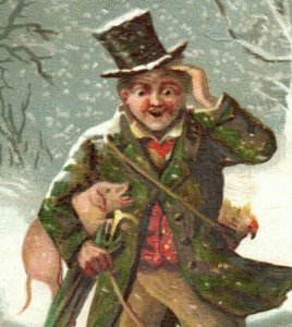 1880s Raphael Tuck Christmas Card Man & Pigs Snow Winter P206