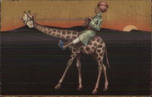 Middle Eastern Arab Man in Turban Riding Giraffe GREAT ART DECO c1915 Postcard