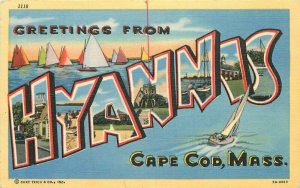 Hyannis Cape Cod Massachusetts large letters Teich 1950s Postcard 21-12606