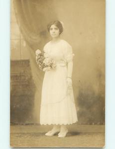 Pre-1918 rppc GIRL IN WHITE DRESS WITH FLOWER BOUQUET Waterbury CT v4975