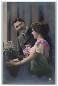 c1910's Couple Romance Flowers Latvia Russia Posted Antique RPPC Photo Postcard