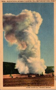 Yellowstone National Park Old Faithful Geyser At Sunrise 1951 Curteich