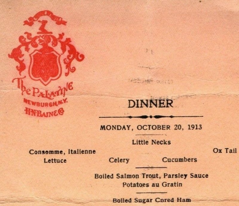 C.1913 The Palatine Hotel Newburgh NY H.N. Baine Co. Dinner Menu Original 