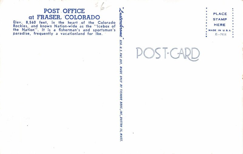 H72/ Fraser Colorado Postcard Chrome Post Office Building 127