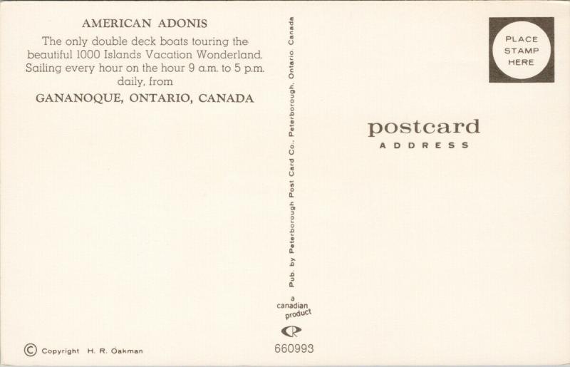 American Adonis Boat Gananoque Ontario ON Unused Vintage Postcard D80