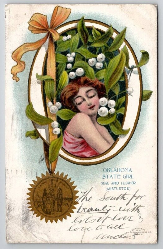Oklahoma State Girl Seal And Flower Mistletoe 1907 To McDowell VA Postcard X23