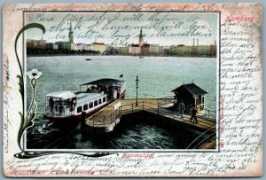 HAMBURG GERMANY BINNENALSTER LAKE BOAT LANDING 1903 ANTIQUE POSTCARD w/ STAMPS