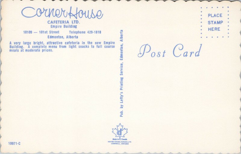 Edmonton Alberta Corner House Cafeteria Empire Bldg Unused Vintage Postcard F85