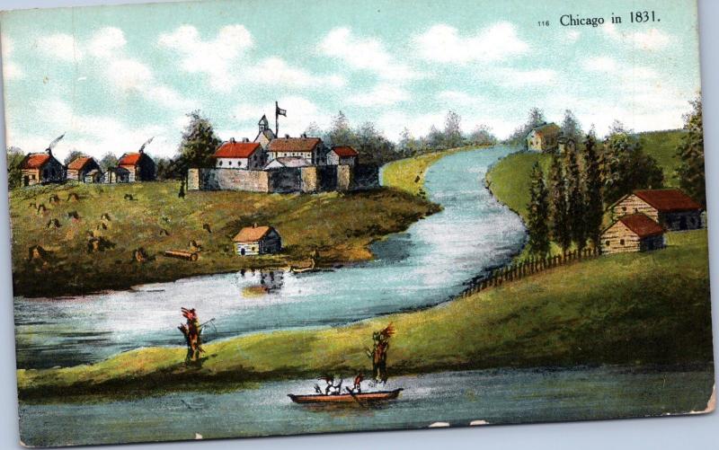 postcard IL Chicago in 1831 - Fort, river, Indians, Native Americans